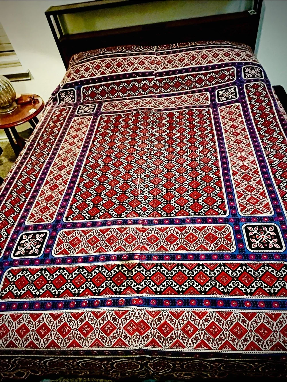Sindhi Ajrak Folk Art Blanket Throw Bedspread Poppy Floral Geometric Pattern
